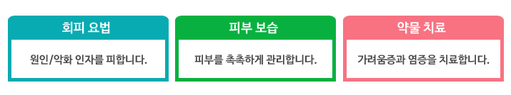 회피요법-원인/악화 인자를 피합니다 , 피부보습 - 피부를 촉촉하게 관리합니다, 약물치료 - 가려움증과 염증을 치료합니다